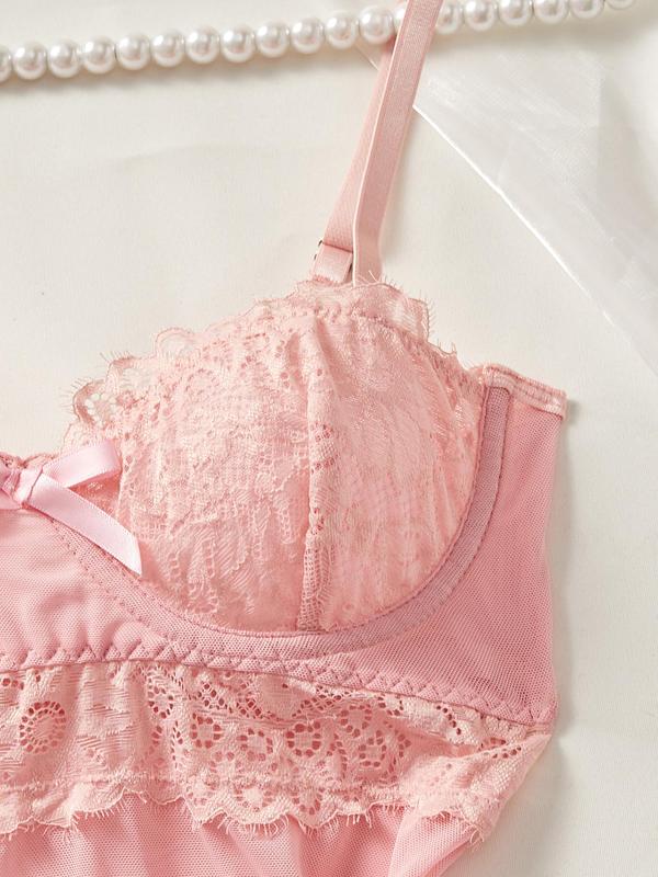 Women's Contrast Lace Bow Decor Cami Nightdress & Thong Tulle Sleepwear Two-Piece Set, Fashion Sheer Spaghetti Strap Sleeveless Nightgown & Panty Set, Ladies Sleepwear for All Seasons